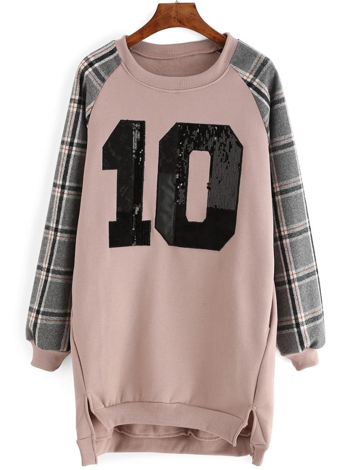 Romwe Plaid 10 Embroidered Sequined Sweatshirt Dress