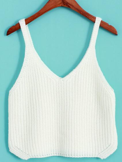Romwe Spaghetti Strap Crop Knit White Cami Top