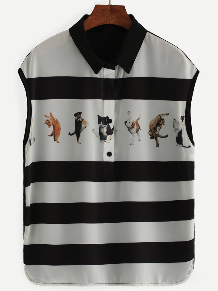 Romwe Cat And Dog Print Sleeveless Chiffon Blouse