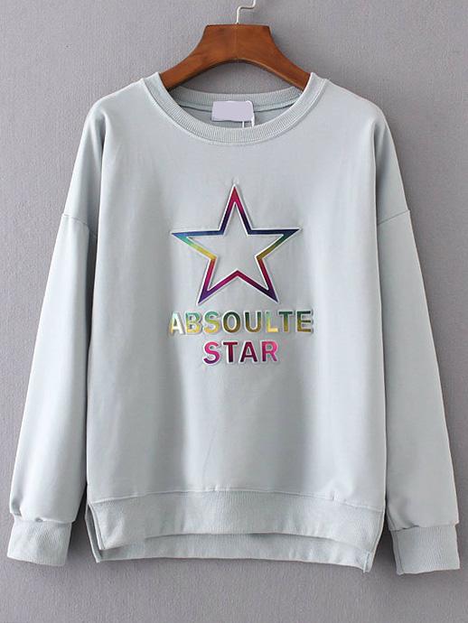 Romwe Grey Geometric Pattern High Low Sweatshirt
