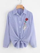 Romwe Rose Embroidered Striped Knot Front Shirt
