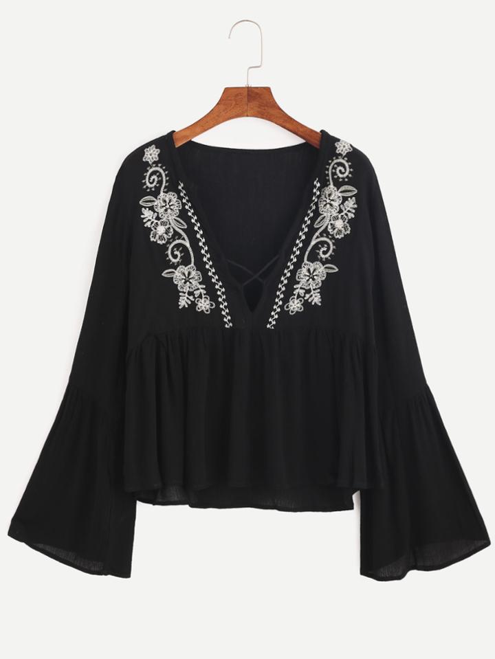 Romwe Black Deep V Neck Bell Sleeve Embroidered Blouse