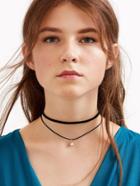 Romwe Black Faux Leather Crystal Choker Double Layered Necklace