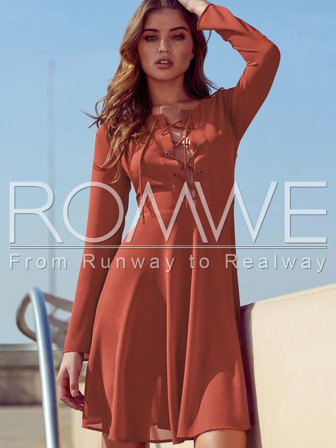 Romwe Orange Long Sleeve Lace Up Dress