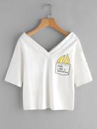 Romwe Double V Neck Graphic Print Tee