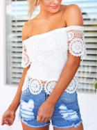 Romwe Off-the-shoulder Lace Top - White