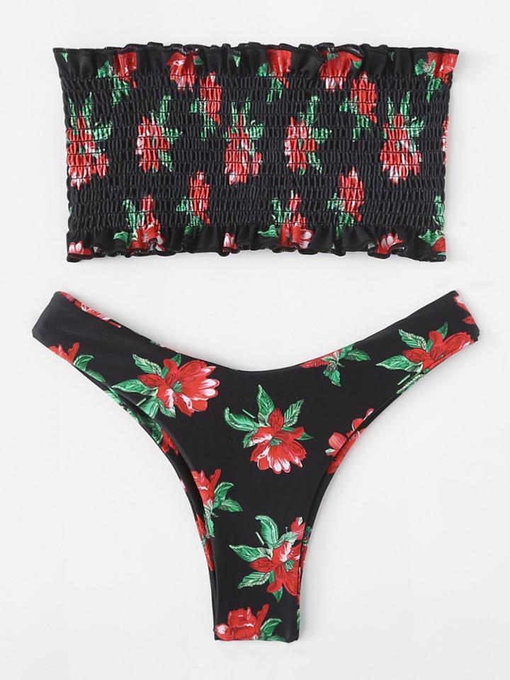 Romwe Floral Print Shirred Bikini Set