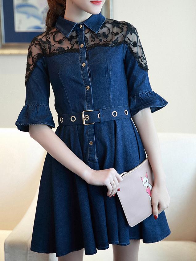 Romwe Blue Contrast Gauze Embroidered Belted Denim Dress