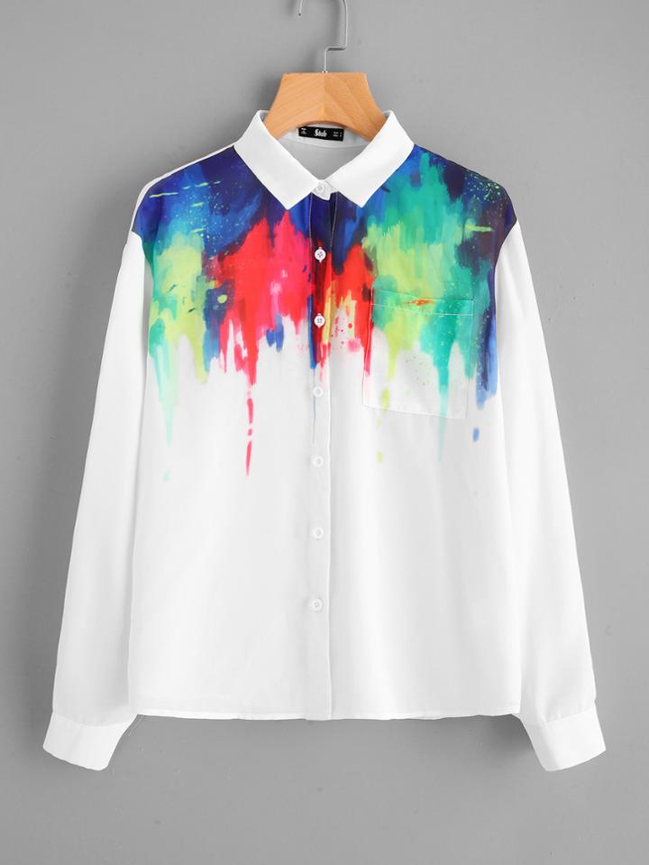 Romwe Pocket Front Painting Print Blouse