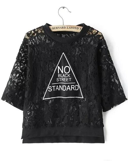 Romwe Triangle Letter Print Lace Black T-shirt
