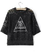 Romwe Triangle Letter Print Lace Black T-shirt