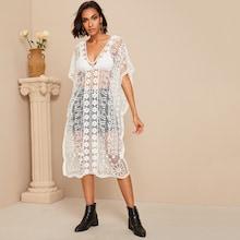 Romwe Geo Insert Embroidery Mesh Cover Up Top