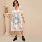 Romwe Geo Insert Embroidery Mesh Cover Up Top
