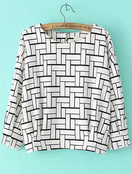 Romwe White Black Round Neck Geometric Print Blouse
