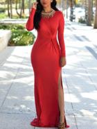 Romwe Red Knotted Split Side Maxi Dress