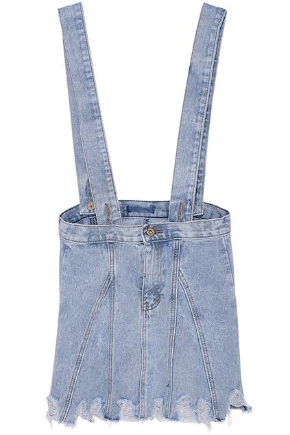 Romwe Distressed Light-blue Denim Suspender Skirt