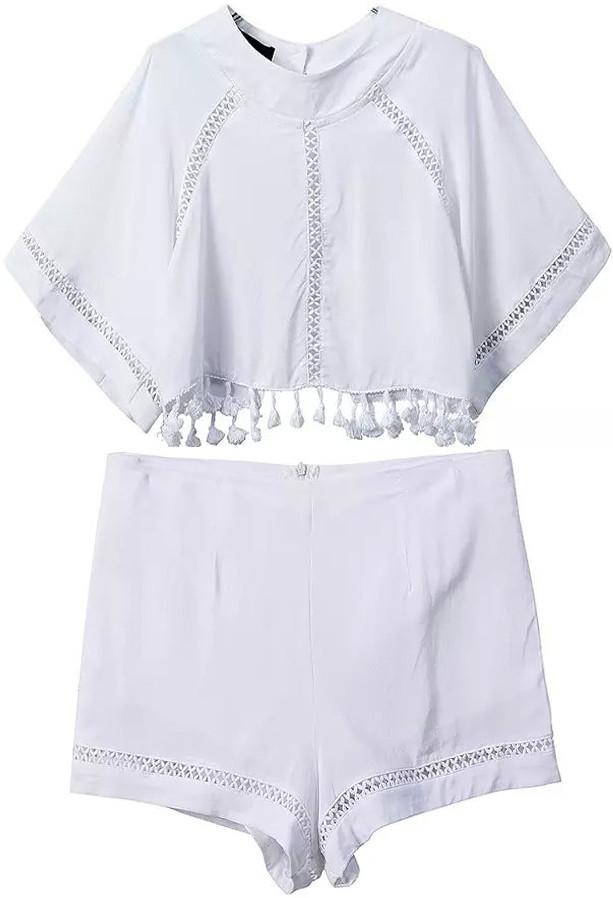 Romwe Tassel Hollow Crop Top With Zipper White Shorts