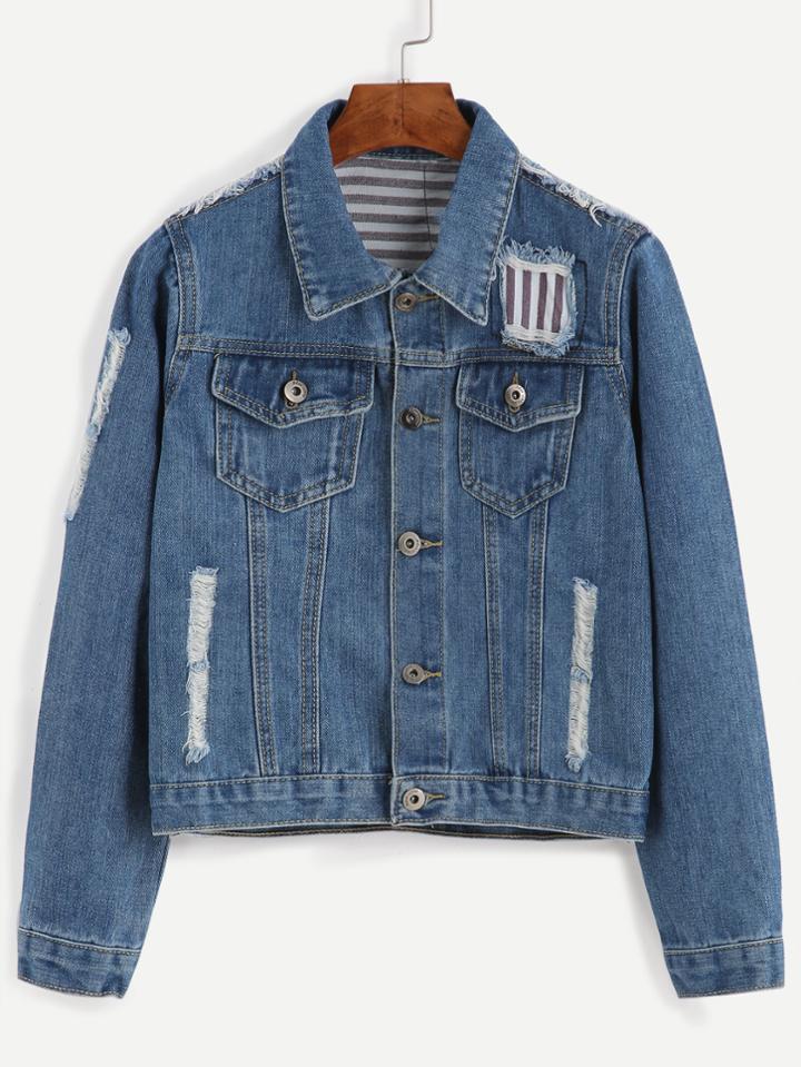 Romwe Blue Striped Ripped Contrast Yoke Denim Jacket