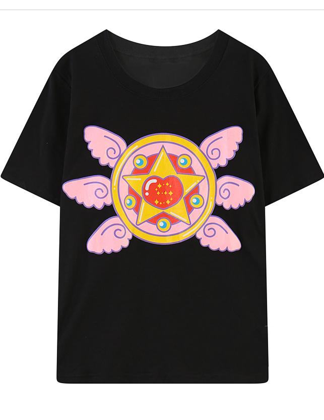 Romwe Wing Star Print Black T-shirt