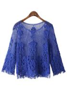 Romwe Blue Long Sleeve Fringe Lace Blouse