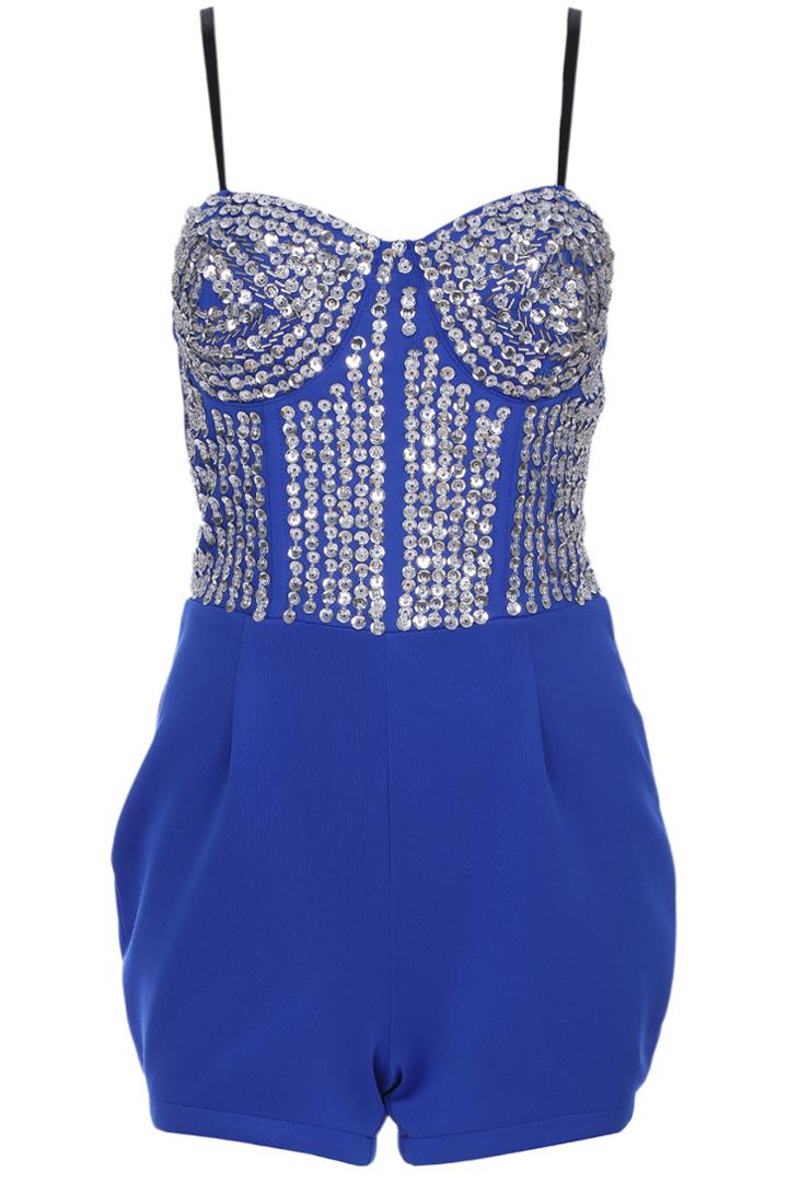 Romwe Romwe Sequin Embellished Blue Camisole Bandeau Playsuits