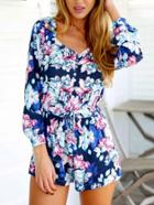 Romwe V Neck Florals Buttons Jumpsuit