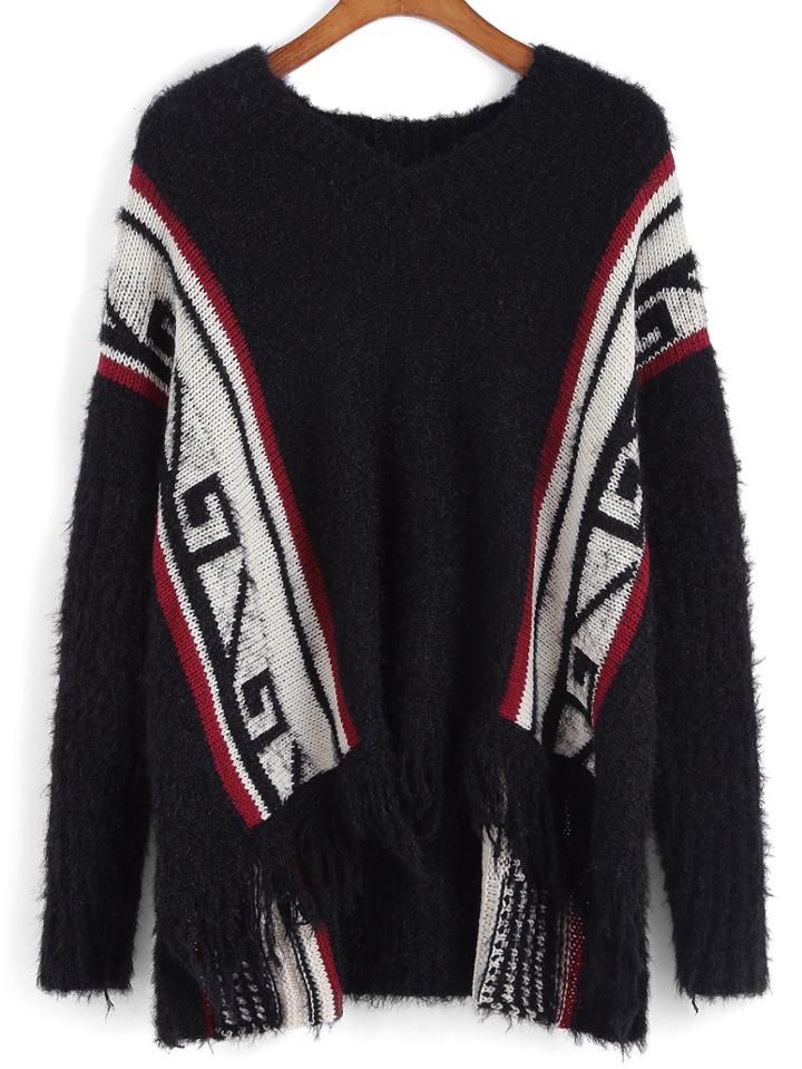 Romwe Striped Tassel Fuzzy Loose Sweater