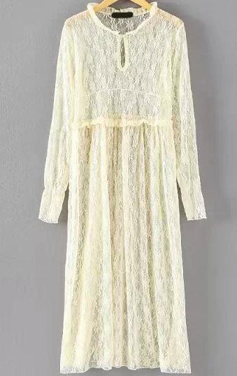 Romwe Fungus Collar Long Sleeve Lace Yellow Dress