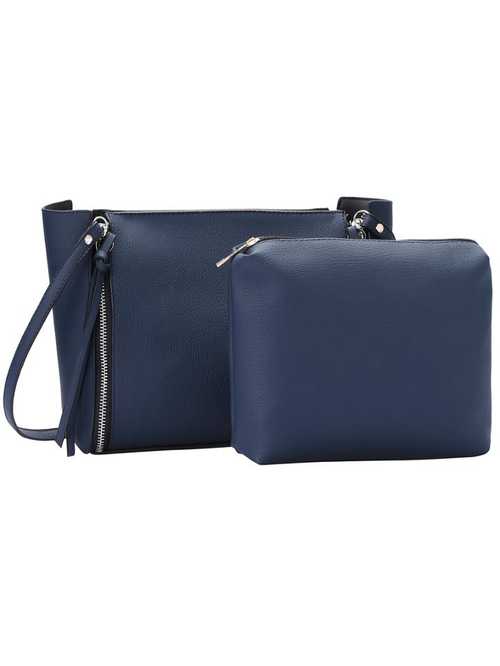 Romwe Blue Zipper Pu Bag With Small Bag