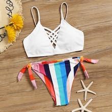 Romwe Lattice Top With Tie Side Striped Bikini Set