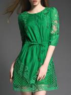 Romwe Green Crochet Hollow Out Drawstring Dress
