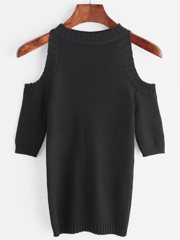 Romwe Black Ribbed Knitted Cold Shoulder Sweater