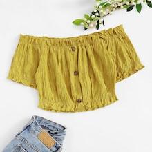 Romwe Button Front Off The Shoulder Blouse