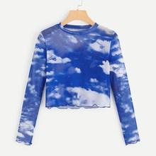Romwe Sky Print Lettuce Trim Tee
