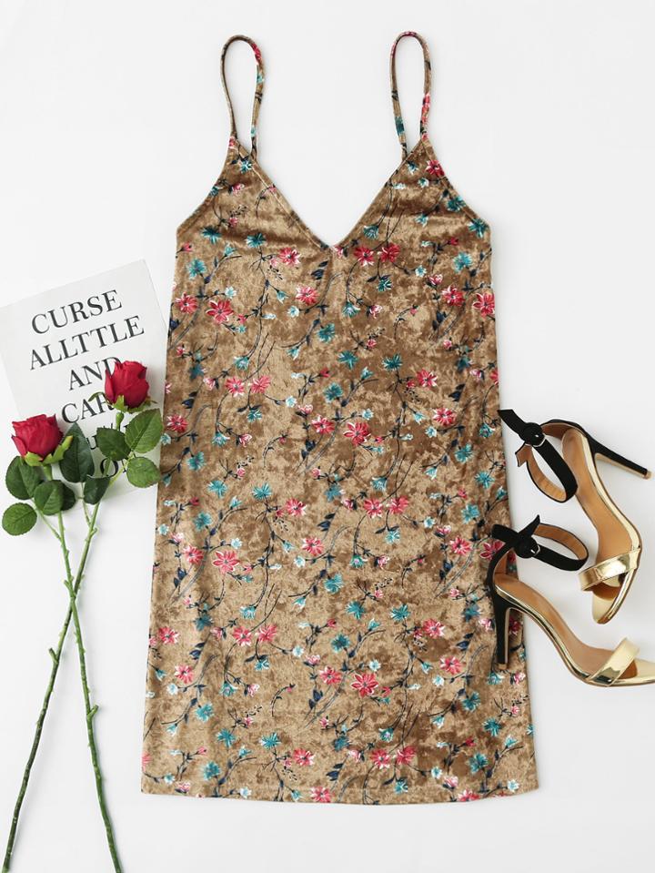Romwe Dual V Neck Botanical Crushed Velvet Cami Dress
