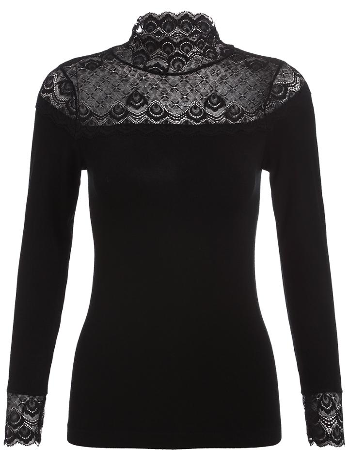 Romwe Stand Collar Lace Drop Embroidered Slim Blouse