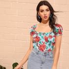 Romwe Frill Trim Button Front Floral Print Top