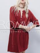 Romwe Wine Red Long Sleeve Pockets Dress