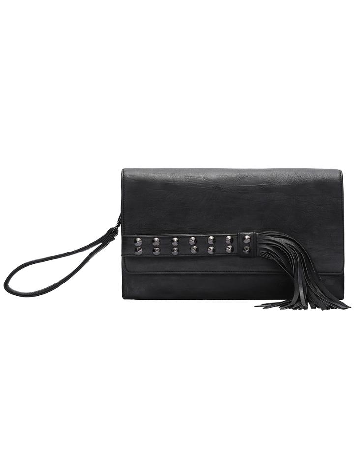 Romwe Black Rivet Tassel Magnetic Pu Clutches