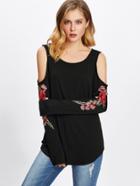 Romwe Cold Shoulder Rose Embroidered Curved Hem Tee