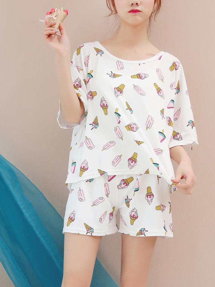 Romwe Cartoon Print Half Sleeve Top & Shorts Pj Set