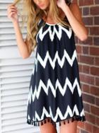 Romwe Navy Spaghetti Strap Zigzag Print Tassel Dress