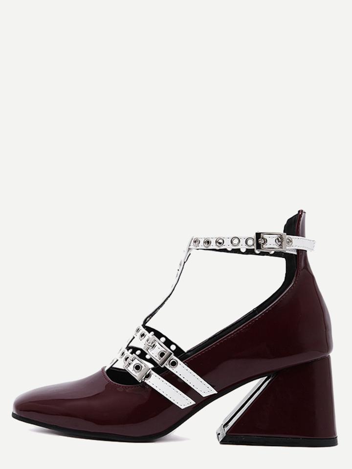 Romwe Burgundy Patent Leather Square Toe T Strap Pumps