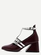 Romwe Burgundy Patent Leather Square Toe T Strap Pumps