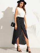 Romwe Black Striped Wrap Asymmetrical Self Tie Skirt