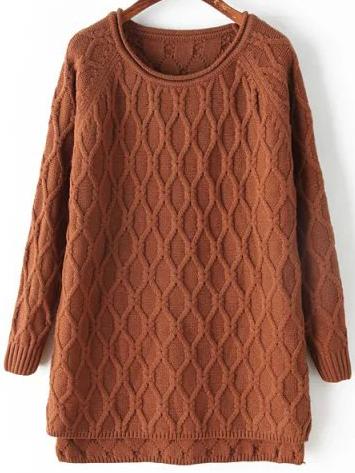 Romwe Dip Hem Diamond Brown Sweater