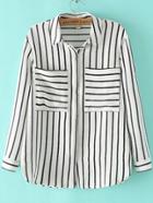 Romwe Lapel With Pockets Vertical Striped Blouse