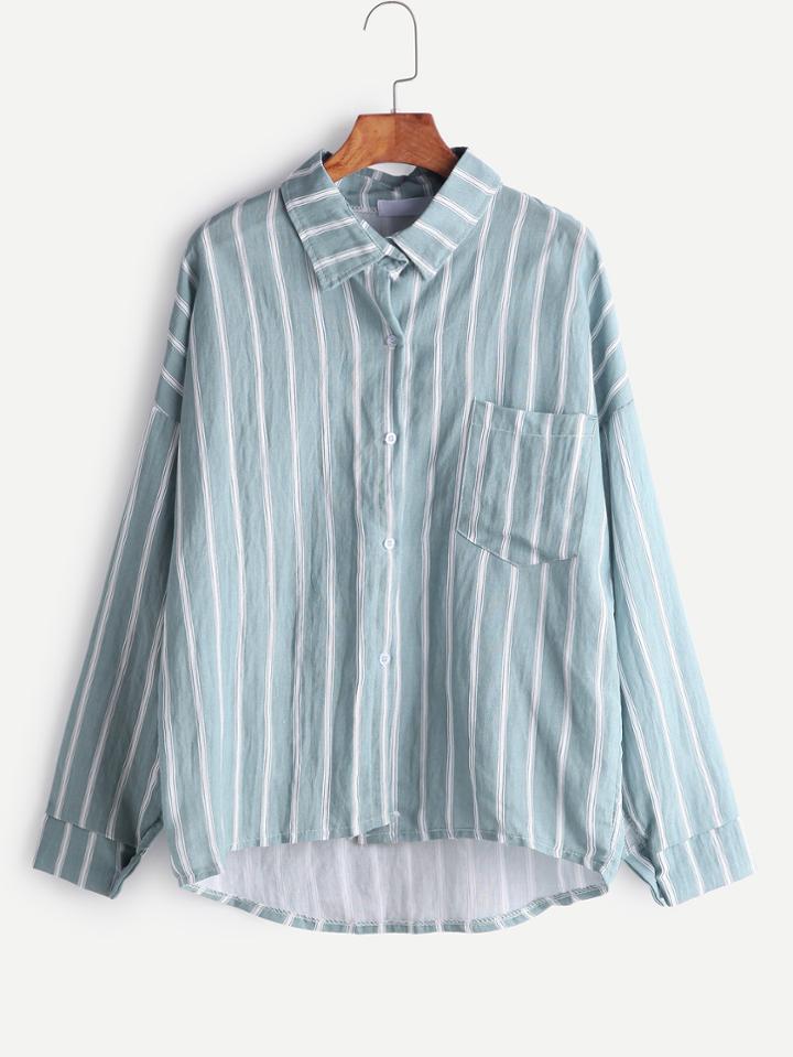 Romwe Green Vertical Striped High Low Shirt