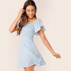 Romwe Shirred Front Flutter Sleeve Dalmatian Print Dress