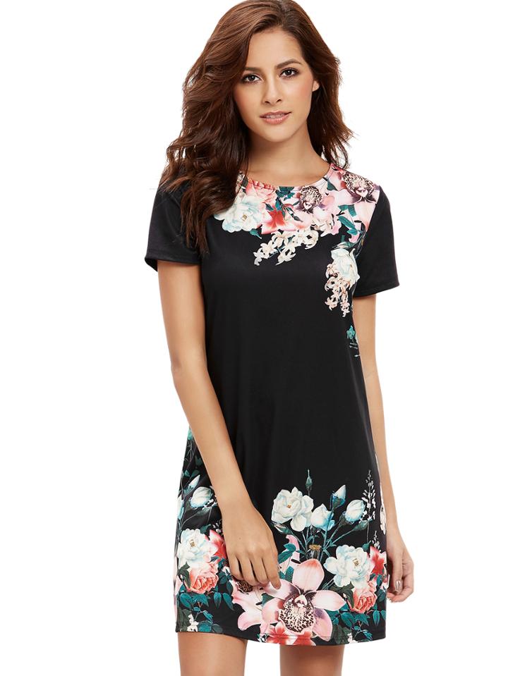 Romwe Hot Pink Round Neck Floral Print Vintage Dress